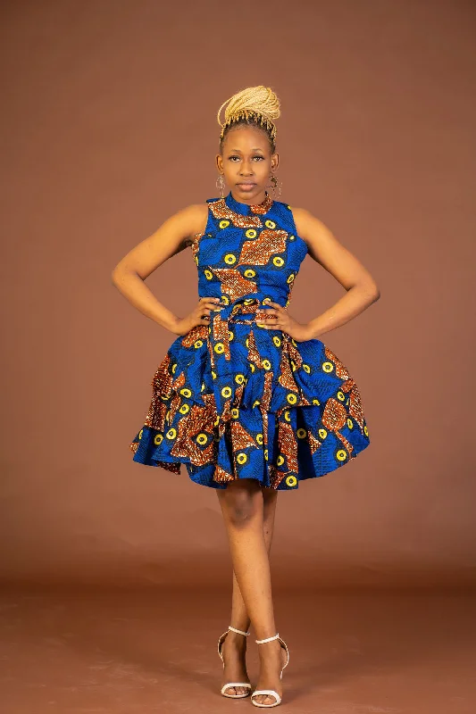 Leather Dresses for Luxury -Zuri Ankara Sleeveless Dress | Blue and Brown African Print