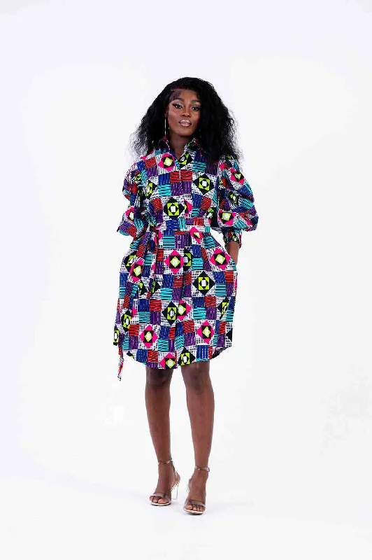 Striped Dresses for Fashionable -Juanita Ankara Shirt Dress | Blue and Pink Multicolored African Print