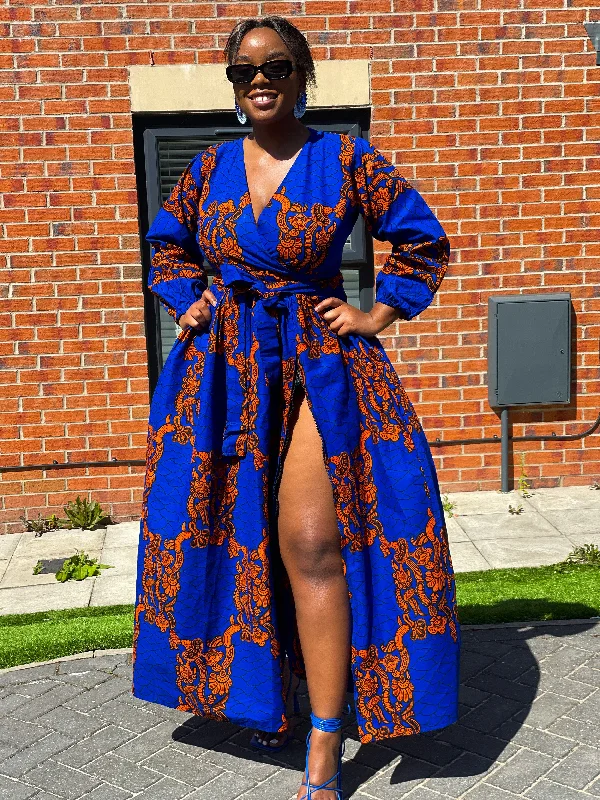 Tiered Dresses for Voluminous -Bekky Ankara Maxi Dress | Blue and Orange African Print