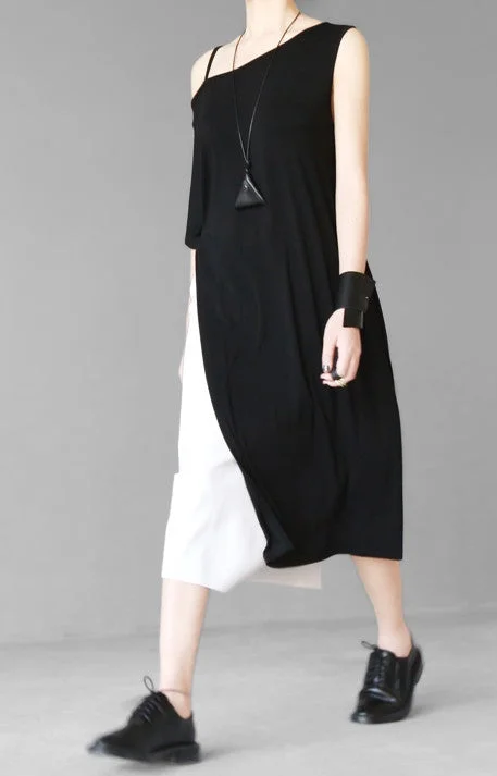 Elastic Dresses for Fit -Open Shoulder Black Oversized Draped Side Big Slit Dress Tunic // One Shoulder