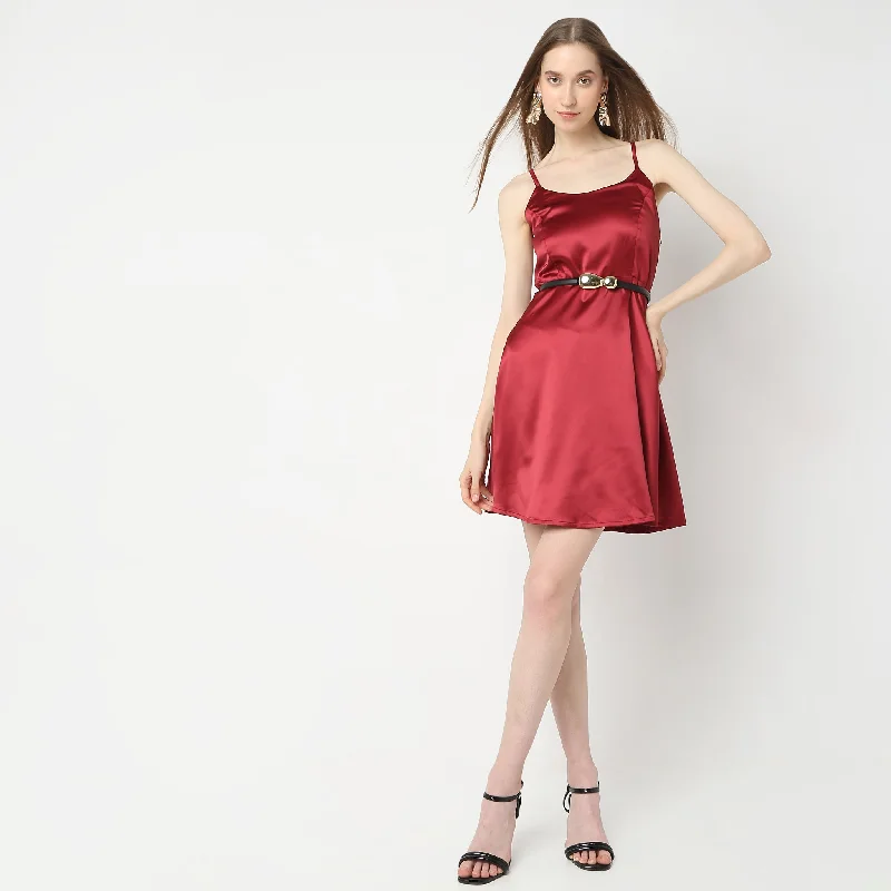 Ethnic Dresses with Tribal Design -Flare Fit Shoulder Strap Satin Party Dress