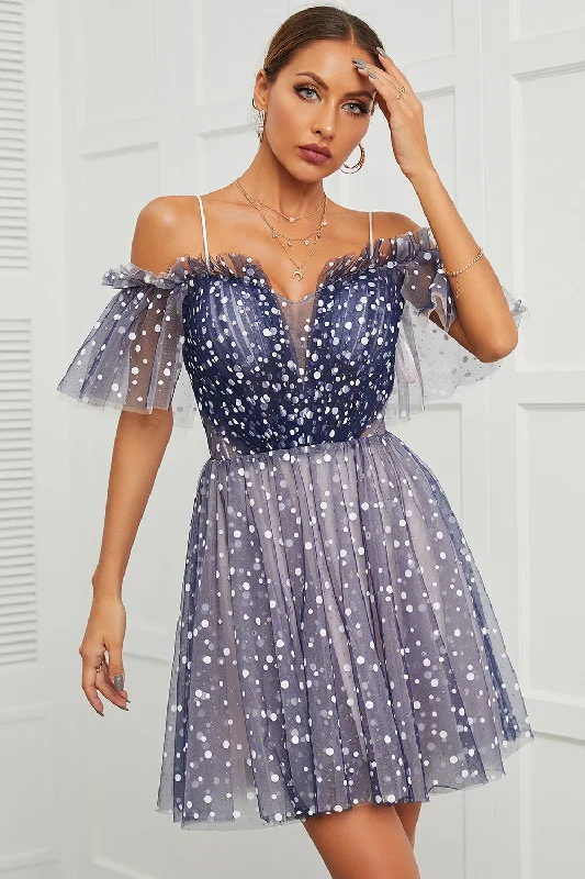 One-shoulder Dresses for Trendy -Cute Navy A Line Polka Dots Off Shoulder Homecoming Dress