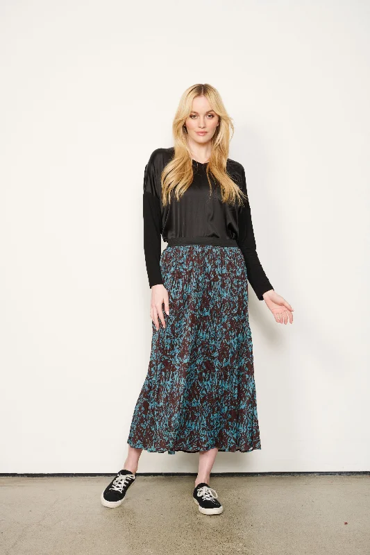 Soft skirts with gentle fabric drape -Pleated Print Skirt - Teal