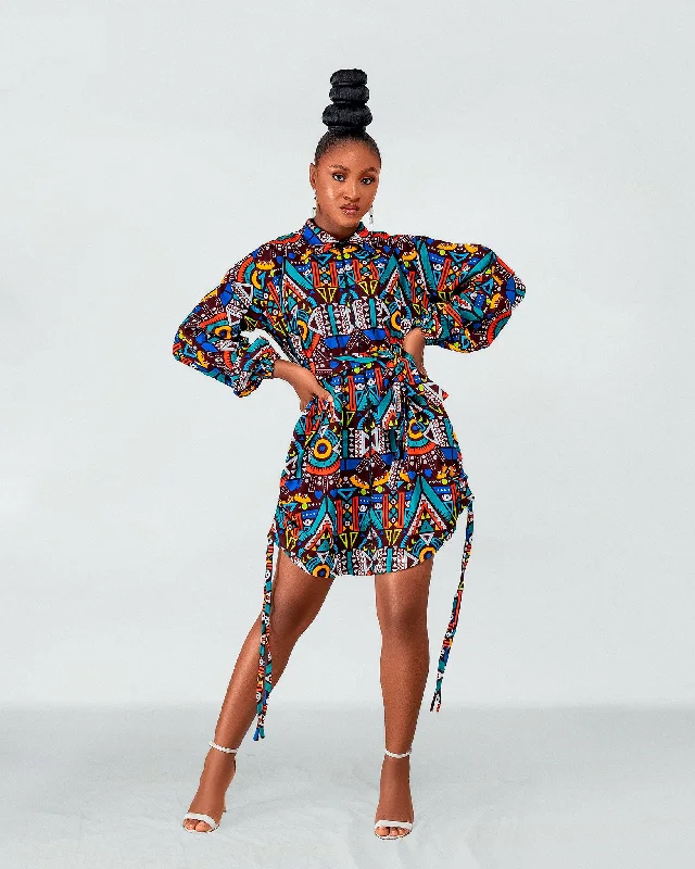 One-shoulder Dresses for Trendy -Amani Ankara Short Shirt Dress | African Blue Multicolored Tribal Print