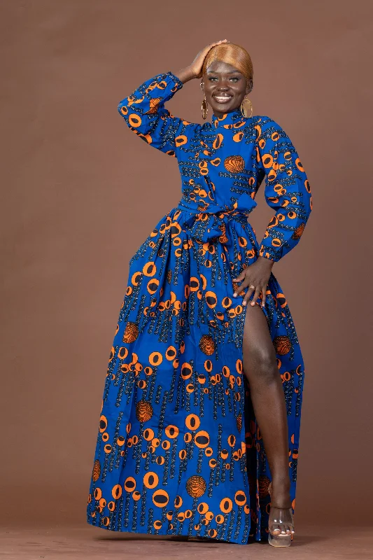 African Dresses with Culture -Royal Ankara Maxi Dress | Blue and Orange African Print