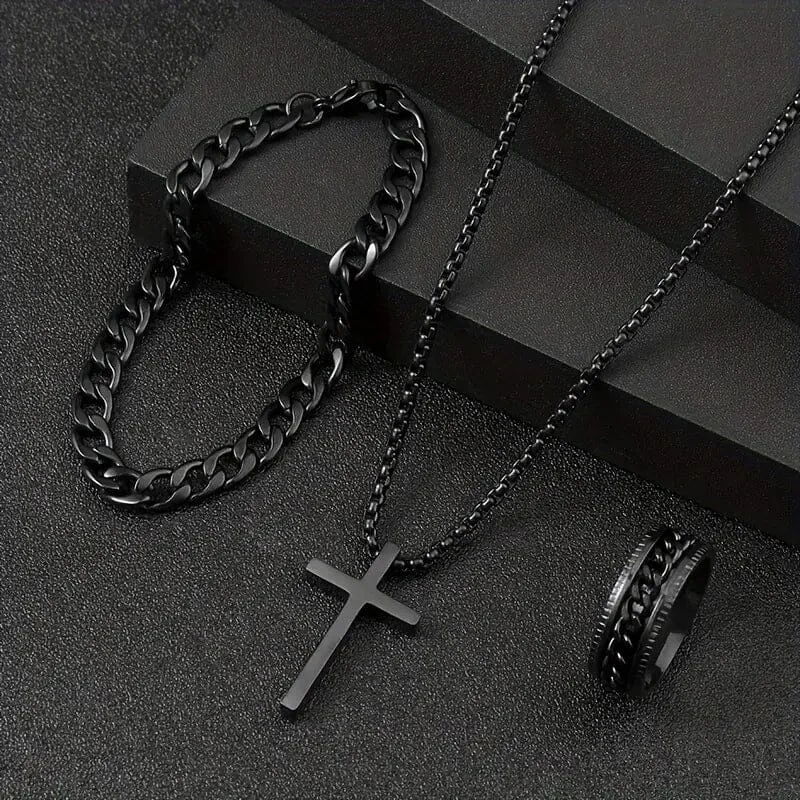 Necklaces and pendants with matching rings for a coordinated set of jewelry-3-Piece Set: Fashion Versatile Dark Cross Stainless Steel Jewelry