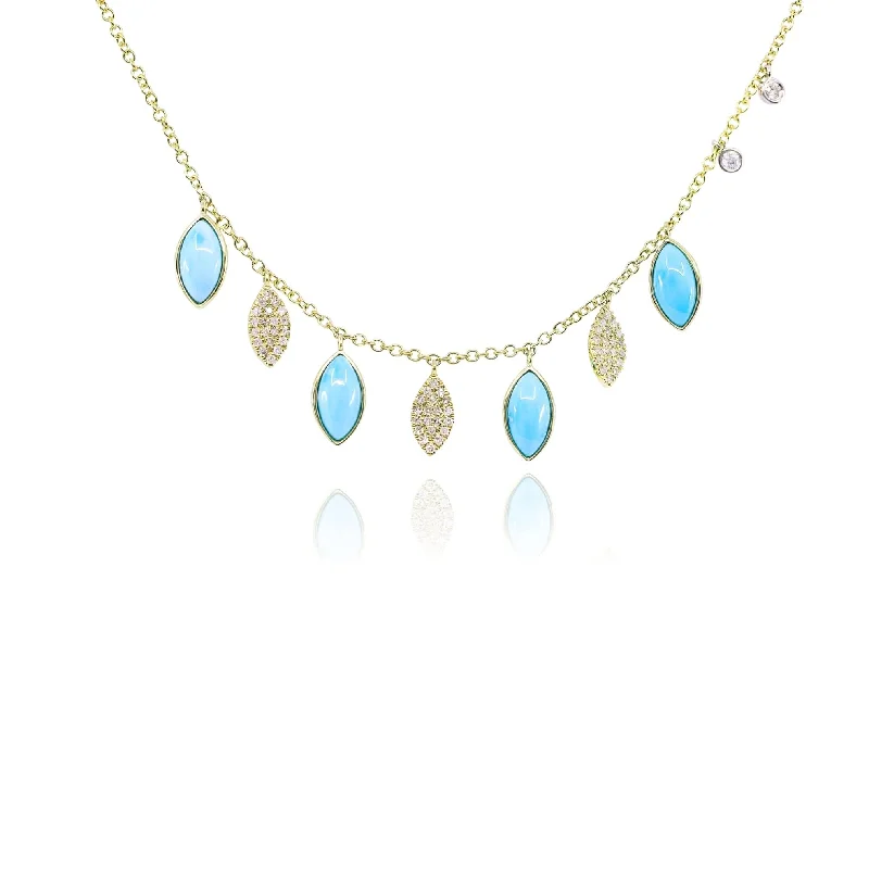 Necklaces and pendants with engraved messages for a deeply personal, sentimental gift-MEIRA T 14K YELLOW GOLD MARQUISE SHAPE TURQUOISE AND DIAMOND NECKLACE