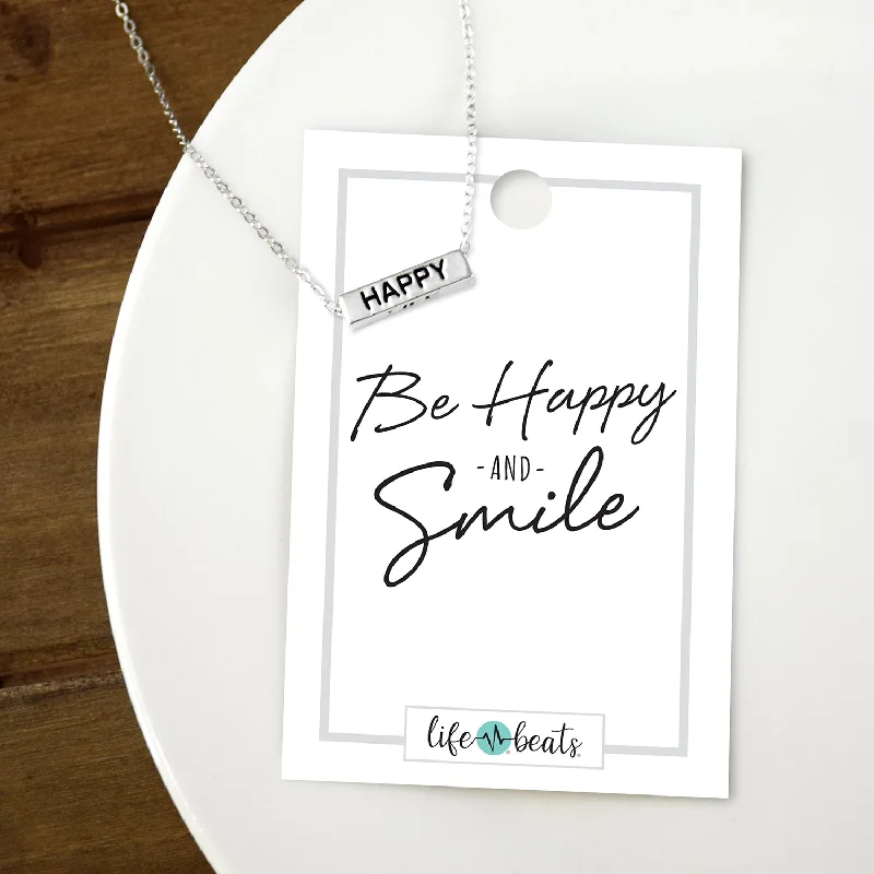 Beautiful necklaces and pendants with diamond-encrusted designs for maximum sparkle-Be Happy and Smile - Silver Finish Bar Necklace