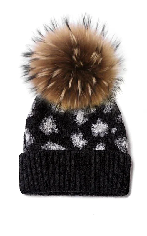 Beautiful necklaces and pendants with layered chains for a fashionable, chic look-Cashmere/Wool Leopard Pom Pom Hat in Black