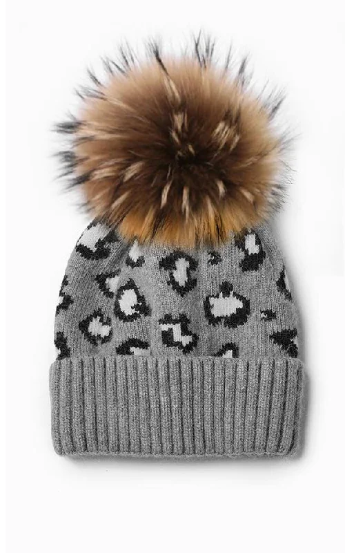 Best necklaces and pendants with emerald gemstones for a rich, sophisticated design-Cashmere/Wool Leopard Pom Pom Hat in Grey