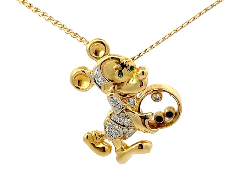 Beautiful necklaces and pendants with gemstone teardrops for an elegant effect-Diamond Emerald Sapphire Mickey Mouse Pendant Necklace Solid 18k Yellow Gold