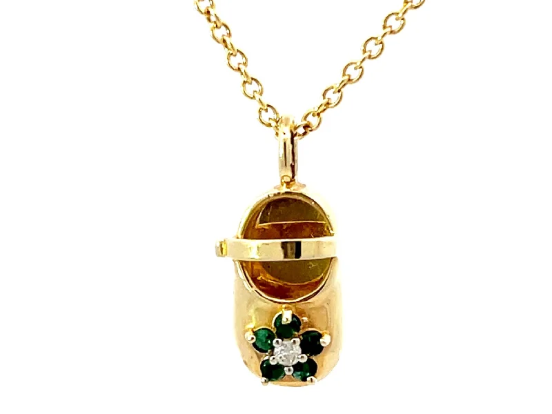 Best necklaces and pendants with silver chains for a sleek, timeless look-Emerald Diamond Flower Shoe Pendant Necklace Solid 14K Yellow Gold