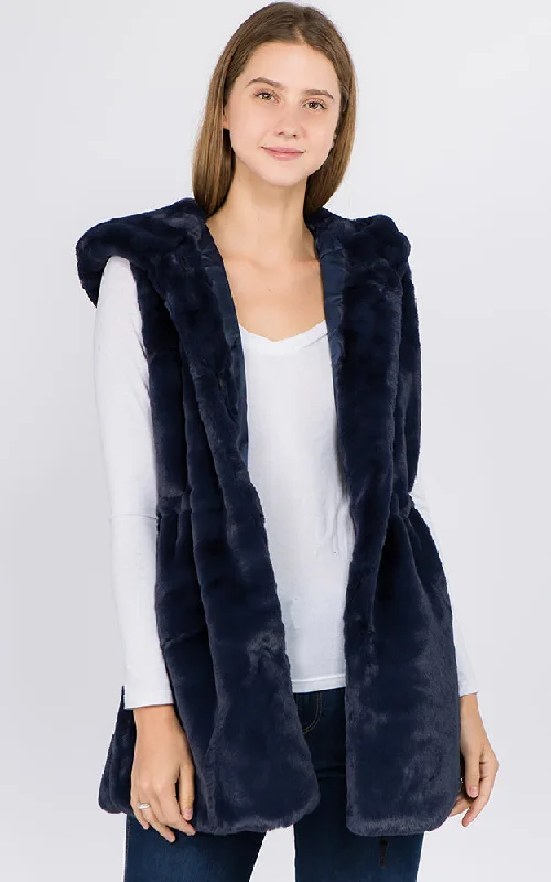 Unique necklaces and pendants with vintage-inspired designs for timeless appeal-Faux Fur Hooded Vest in Navy