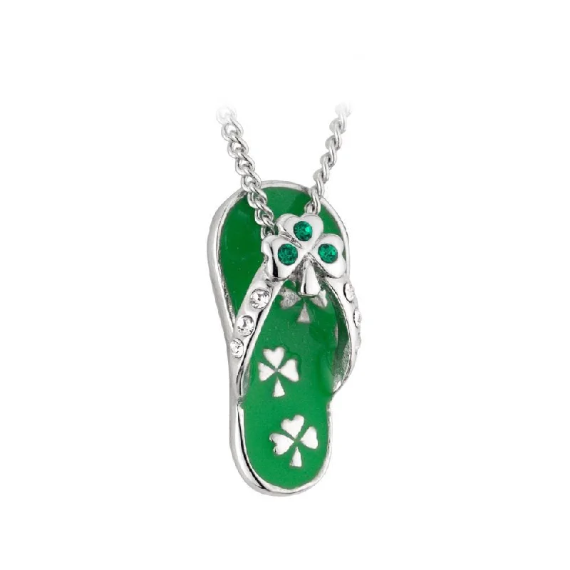 Simple necklaces and pendants with bar pendants for a sleek modern design-Crystal Shamrock Flip Flop Necklace in Rhodium – A Fun Irish Gift