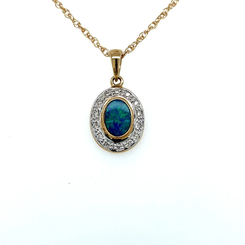 Necklaces and pendants with clear quartz for a pure and radiant look-Lady's Yellow 14 Karat boulder Opal doublet pendant with diamond