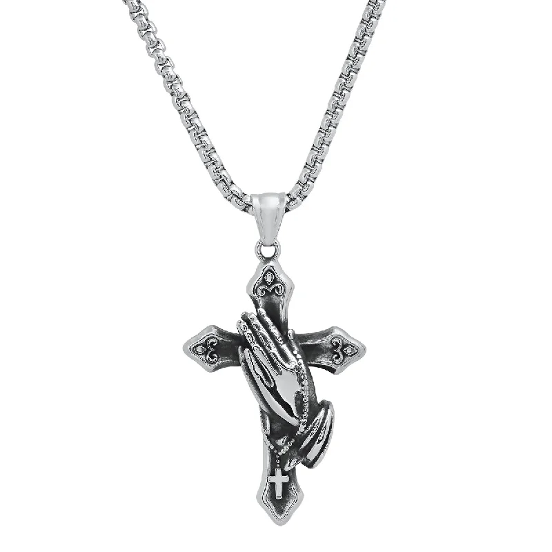 Best necklaces and pendants with art deco elements for a vintage, glamorous design-Men's Stainless Steel Oxidized Prayer Hand and Cross Pendant