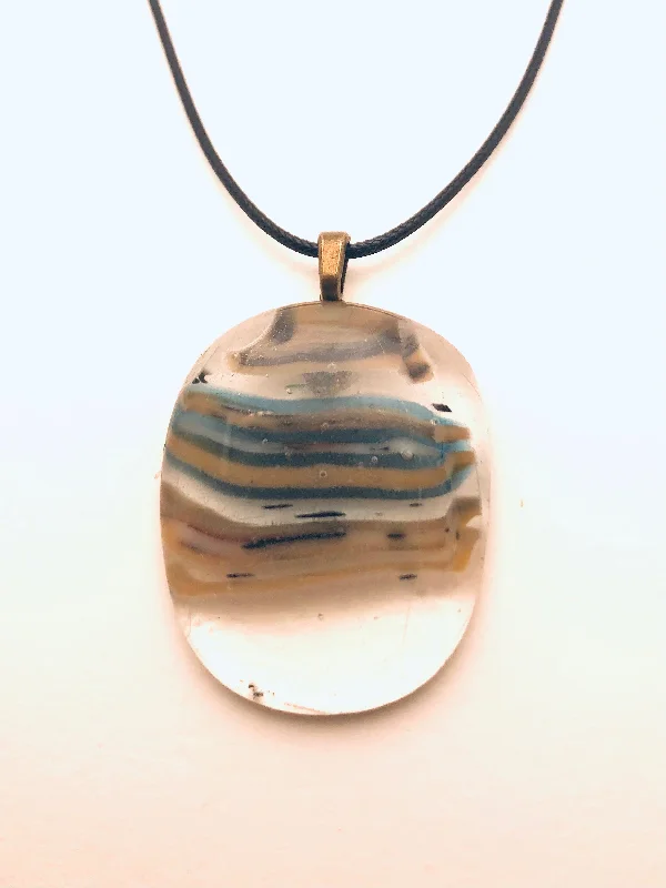 Layered necklaces and pendants for a trendy and fashionable stacked look-Necklace with fused Glass Pendant, large Pendant, oval, clear with stripes