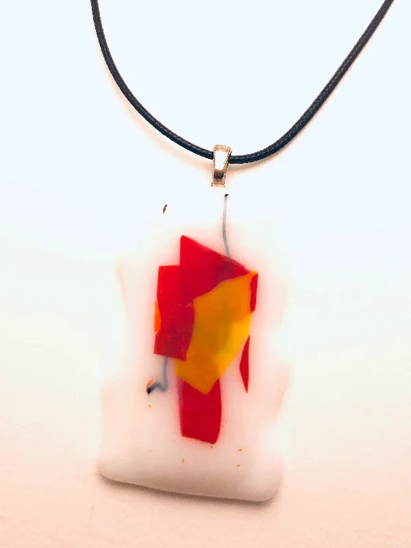 Simple necklaces and pendants with bar pendants for a sleek modern design-Necklace with fused Glass Pendant, large Pendant, white with red and yellow