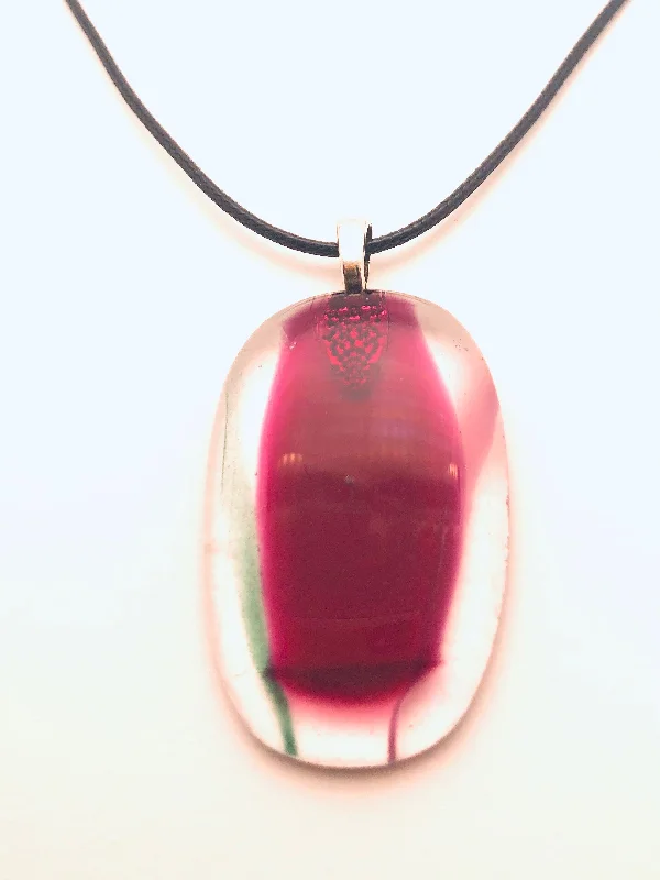 Elegant necklaces and pendants with infinity symbols for timeless designs-Necklace with fused Glass Pendant, small Pendant, oval, clear with red