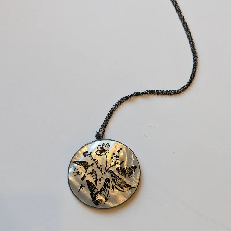 Unique necklaces and pendants with tree of life motifs for nature-inspired elegance-Flora and Fauna on Mother of Pearl Necklace by Kelly Jean Conroy