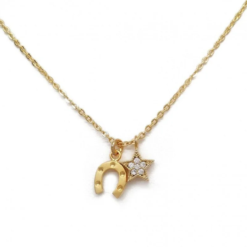 Necklaces and pendants with infinity love symbols for an eternal, romantic gesture-Pave Star & Horse Shoe Charm Necklace - Gold