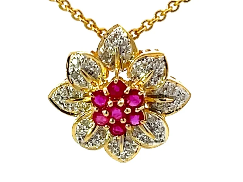 Best necklaces and pendants with crystal accents for a sparkling and elegant style-Ruby and Diamond Flower Necklace Solid 18k Yellow Gold