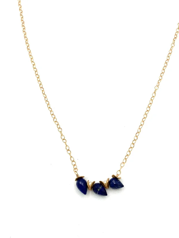 Unique necklaces and pendants with gemstones for a colorful and vibrant statement-Signature Lapis Buds with Fresh Water Pearl Gold Necklace