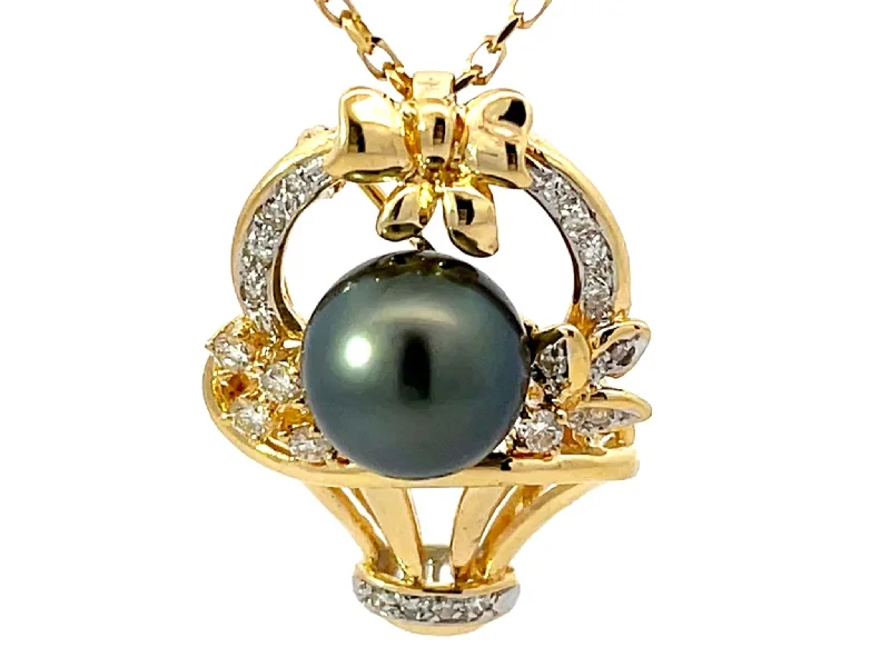 Necklaces and pendants with feather designs for a boho-chic, carefree vibe-Tahitian Pearl Diamond Basket Pendant Necklace Solid 18k Yellow Gold